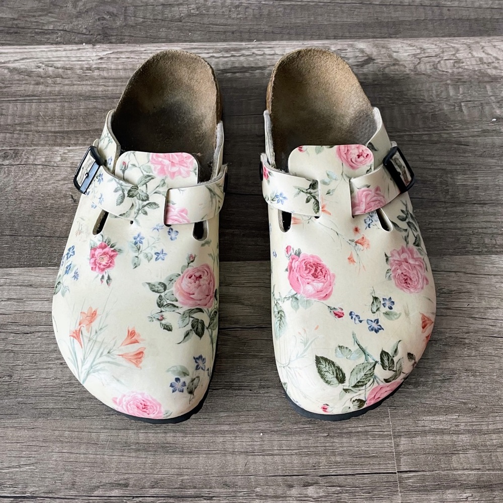 Birkenstock Papillio Boston Poetry Leather Ivory Floral Slip-on Clog Mule - Picture 1 of 5